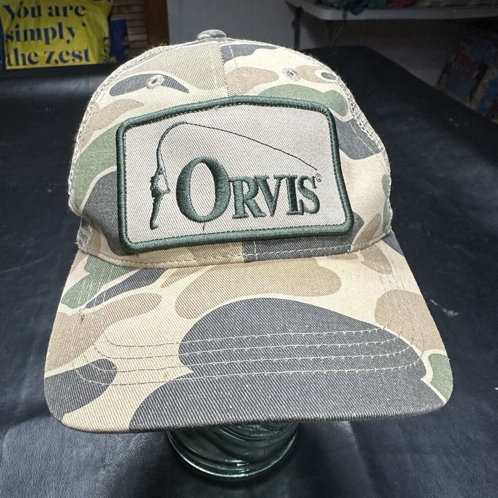 Orvis Hat Cap Camo Fly Fishing Logo Snap Back Adjustable Mesh Trucker Camouflage